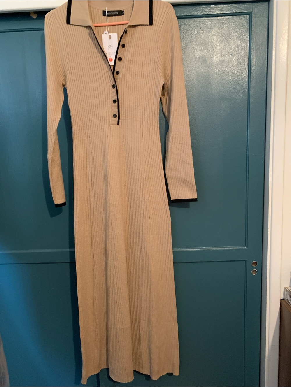 Beige Knit Polo Maxi Dress with Black Trim